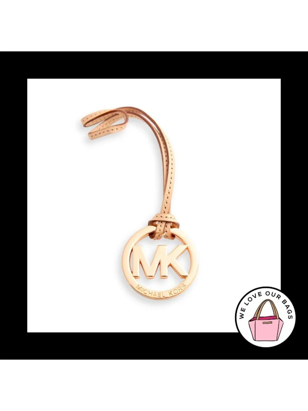 MICHAEL KORS Rose Gold Tan Natural Leather Strap Bag Charm Hang Tag Keychain Fob